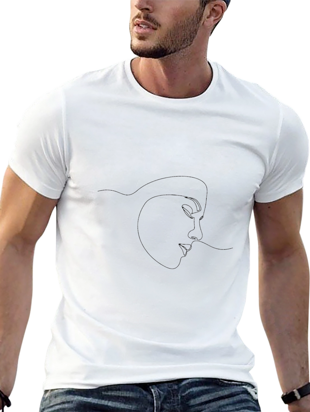 Minimalist Woman Face Line Art Black T-Shirt