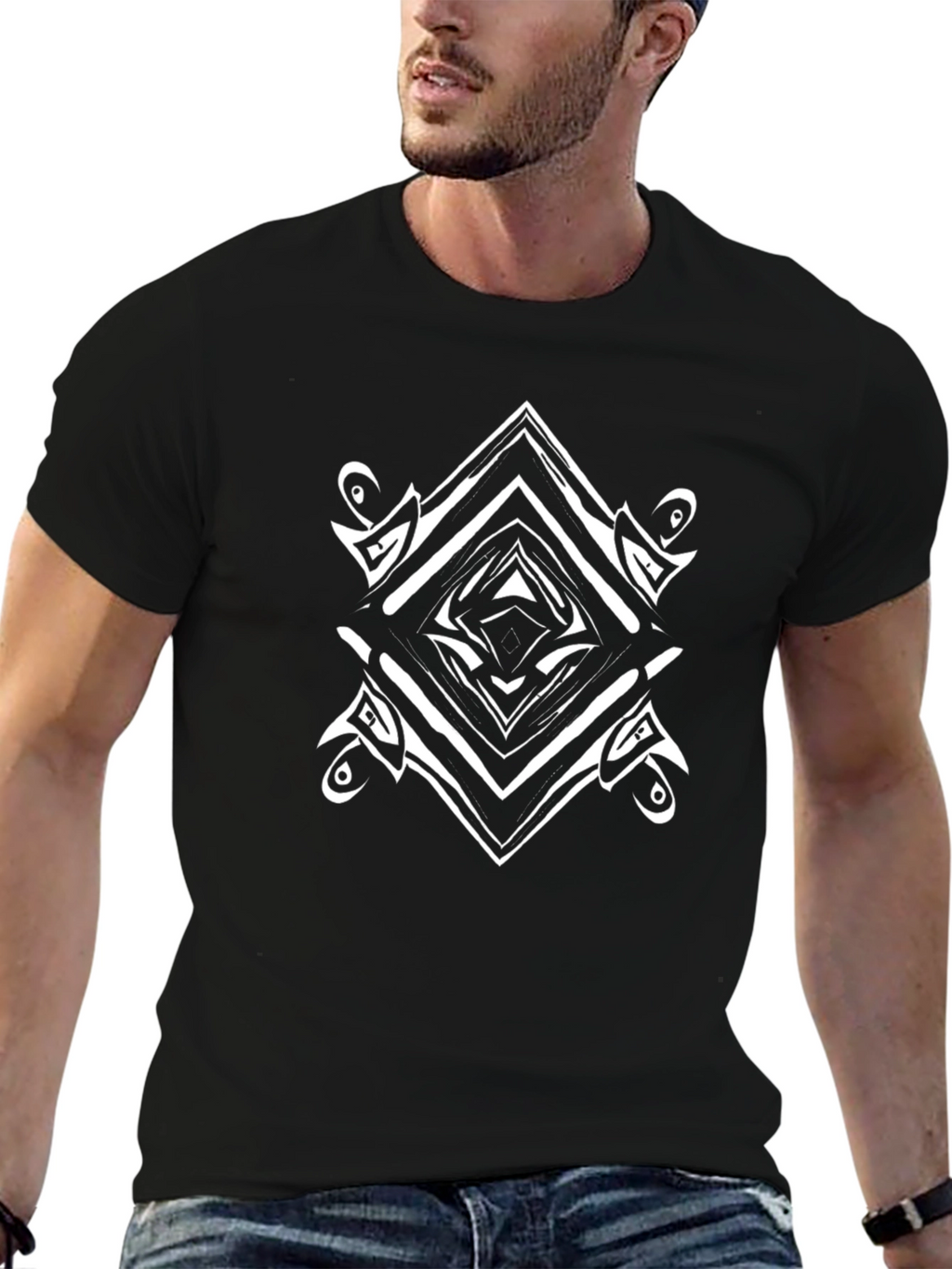Geometric Graphic Tee - Black Cotton Blend
