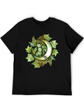 Cat on Crescent Moon T-Shirt - Green Leaf Design