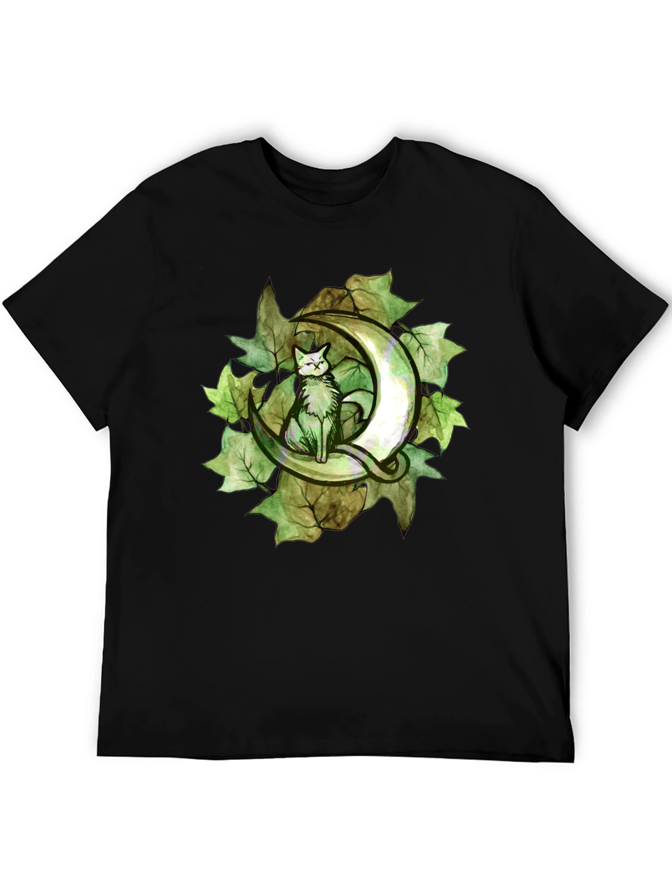 Cat on Crescent Moon T-Shirt - Green Leaf Design