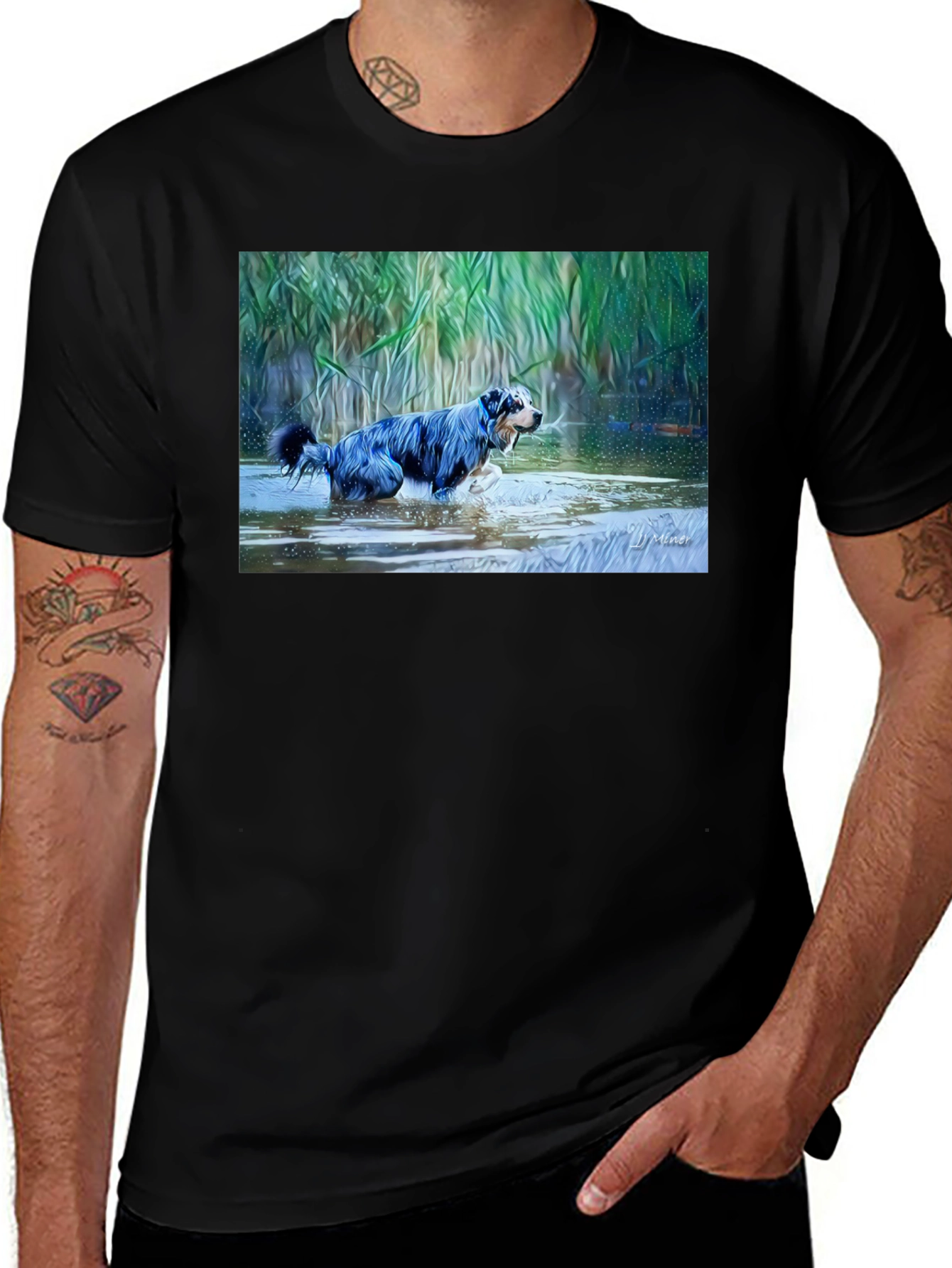 Dog in Water Graphic Tee - Mens Black T-Shirt
