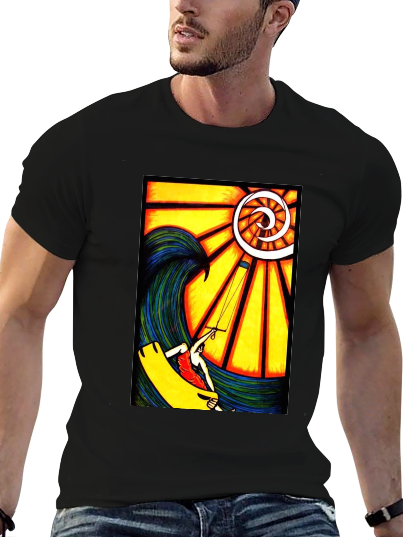 Surfing Wave Art Print Black T-Shirt