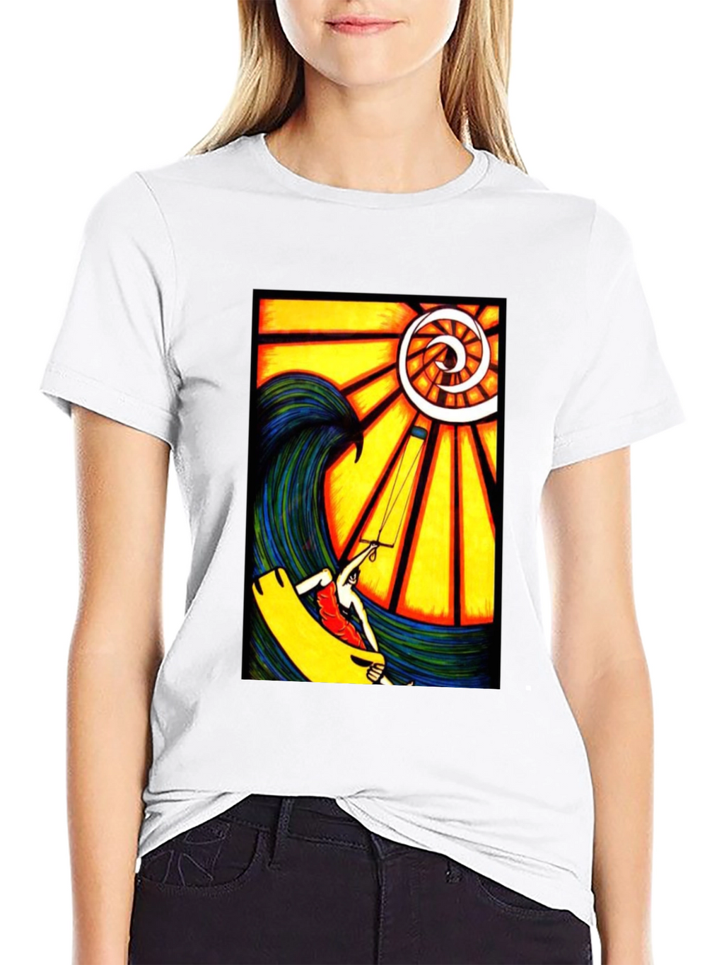 Surfing Wave Art Print Black T-Shirt