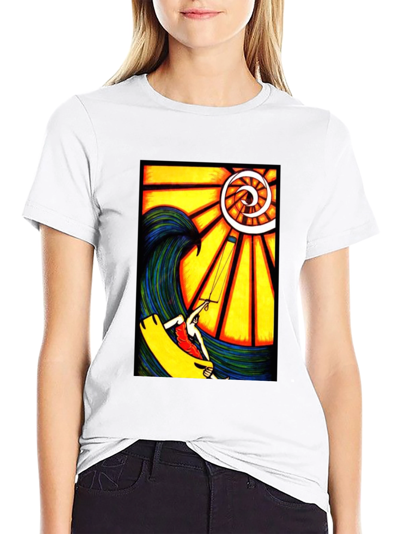 Surfing Wave Art Print Black T-Shirt