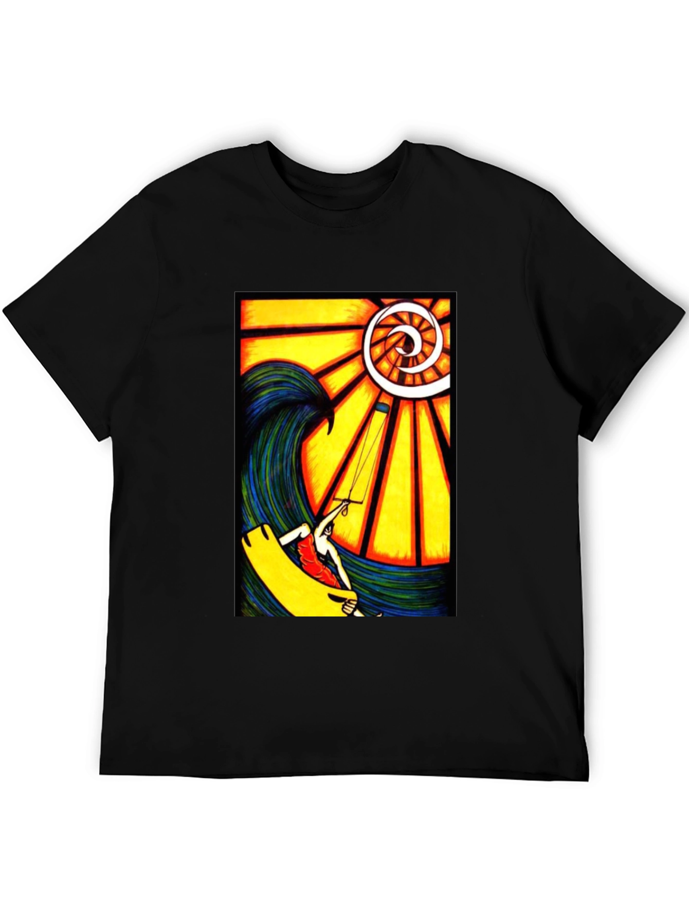 Surfing Wave Art Print Black T-Shirt