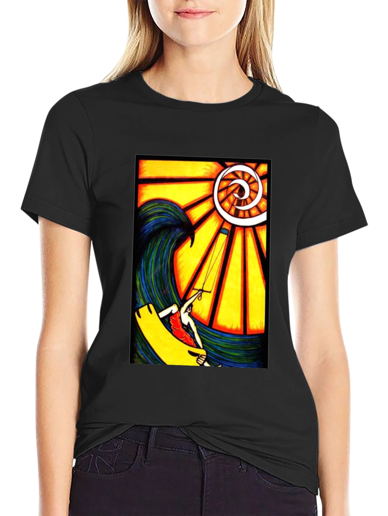 Surfing Wave Art Print Black T-Shirt