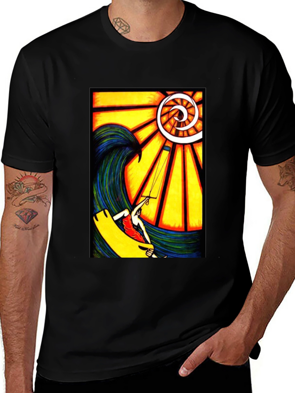 Surfing Wave Art Print Black T-Shirt