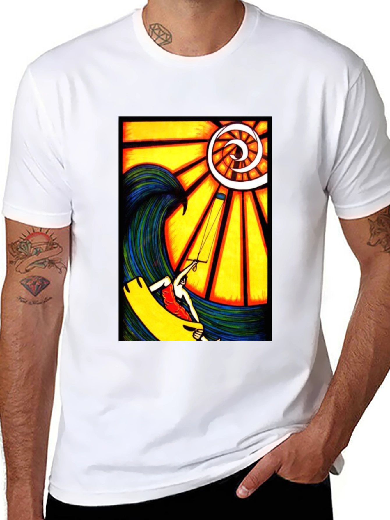 Surfing Wave Art Print Black T-Shirt