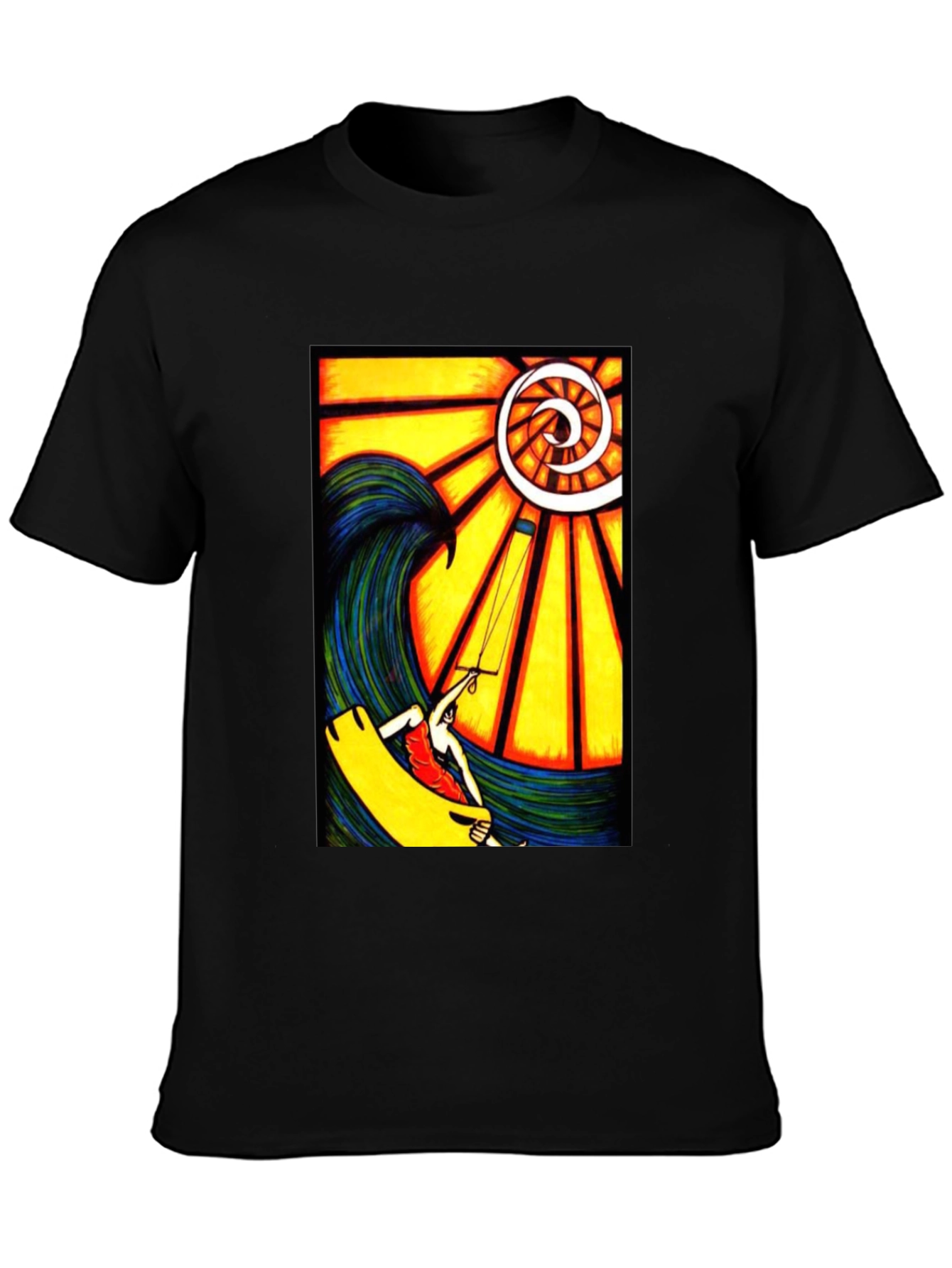 Surfing Wave Art Print Black T-Shirt