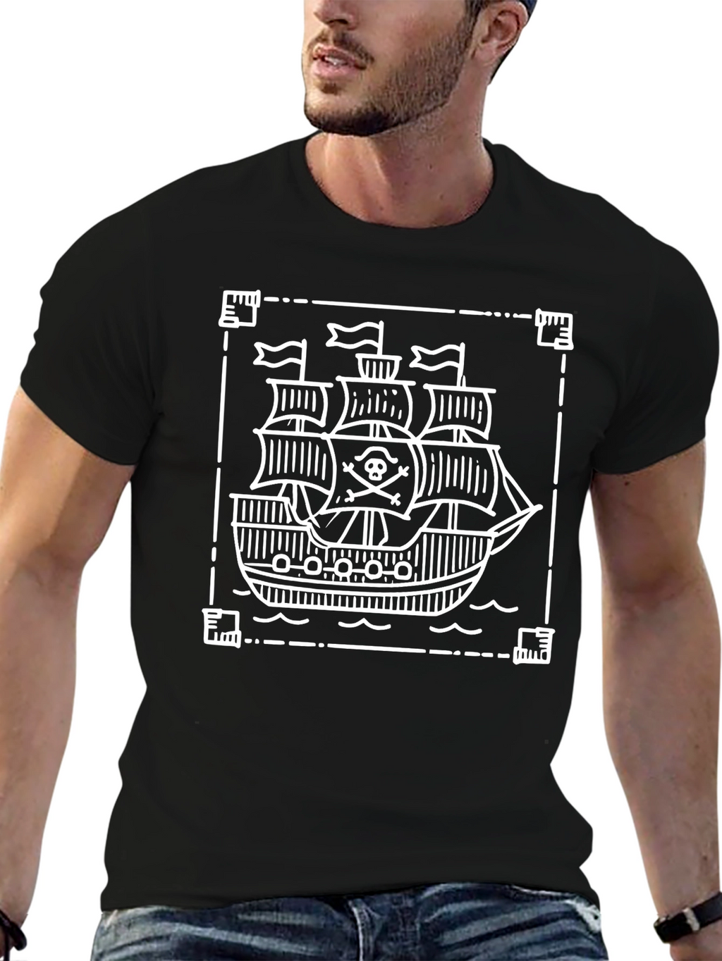 Pirate Ship Graphic Tee - Black Cotton T-Shirt