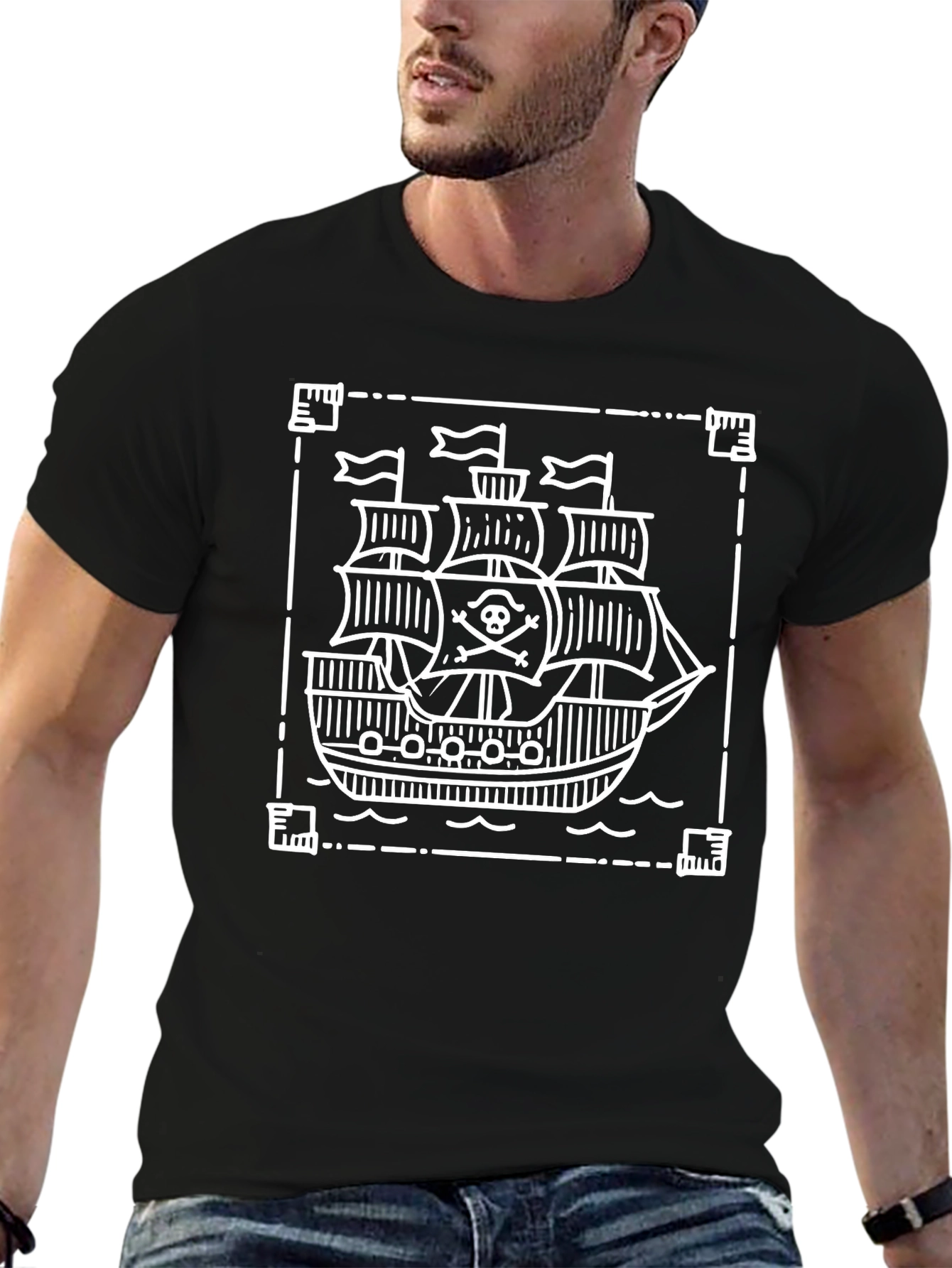 Pirate Ship Graphic Tee - Black Cotton T-Shirt