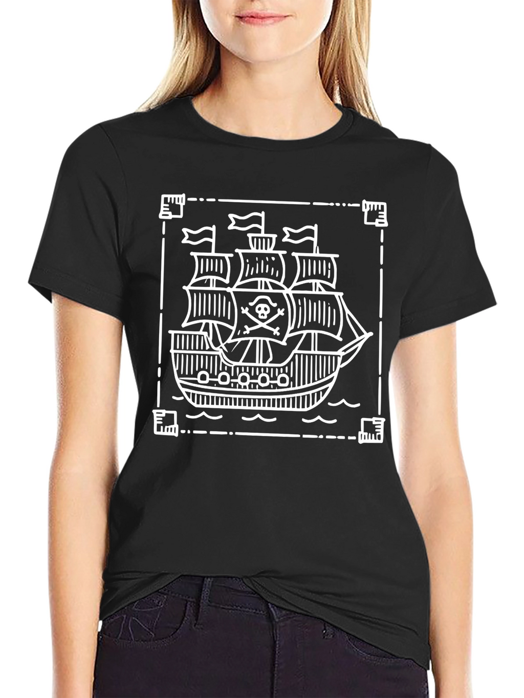 Pirate Ship Graphic Tee - Black Cotton T-Shirt