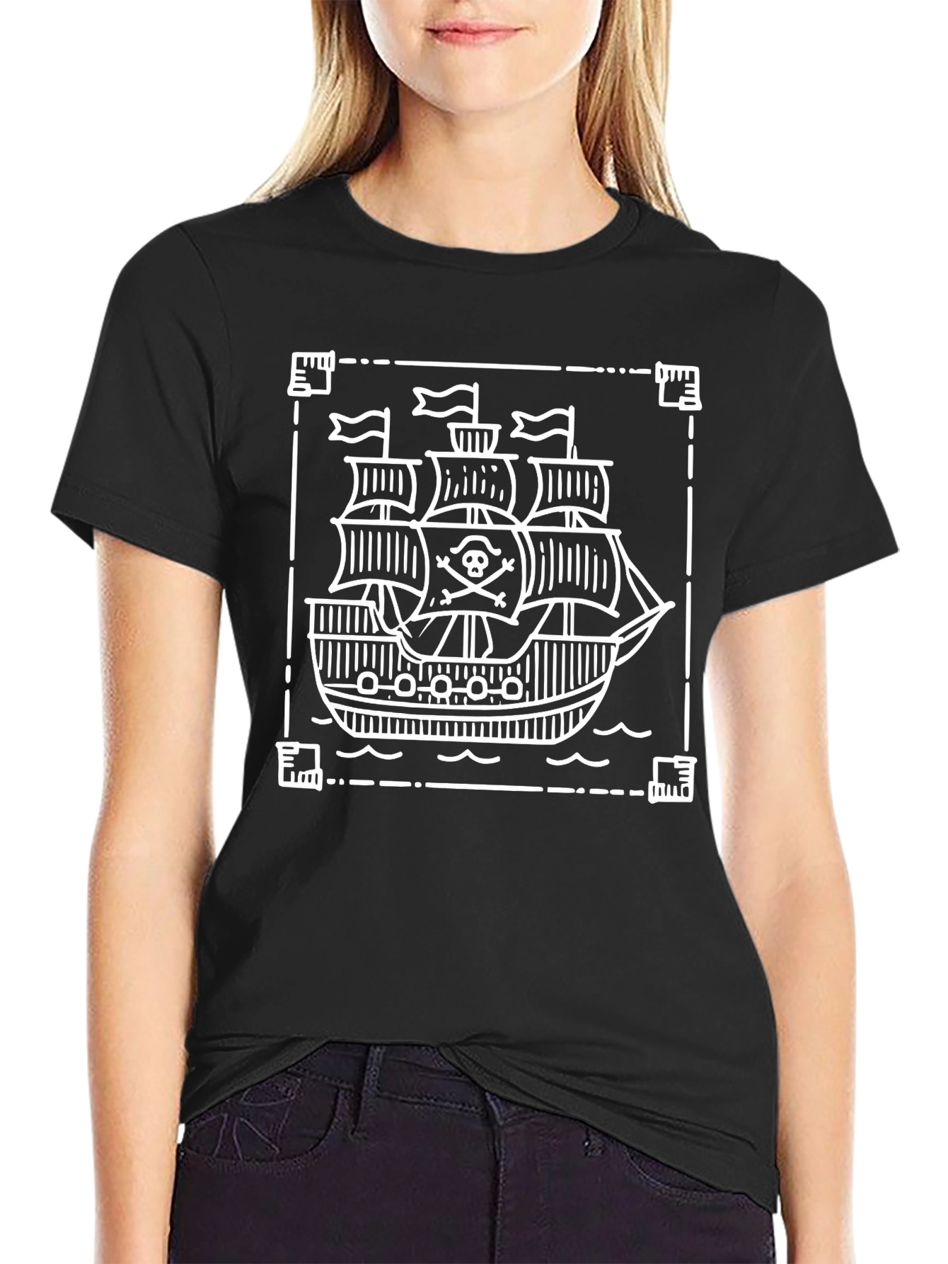 Pirate Ship Graphic Tee - Black Cotton T-Shirt