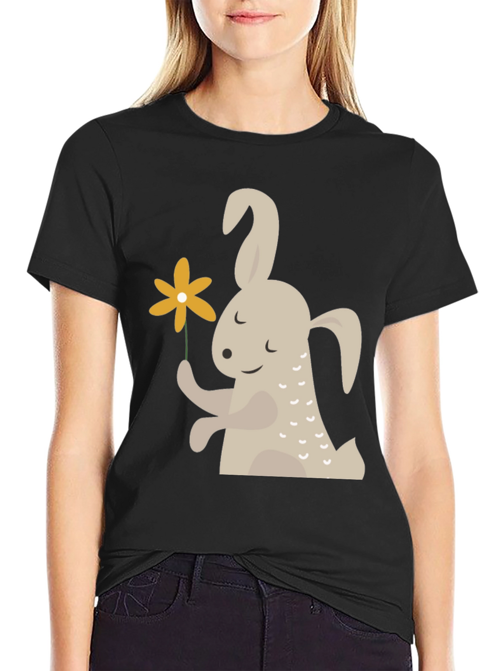 Cute Bunny Holding Flower Graphic T-Shirt