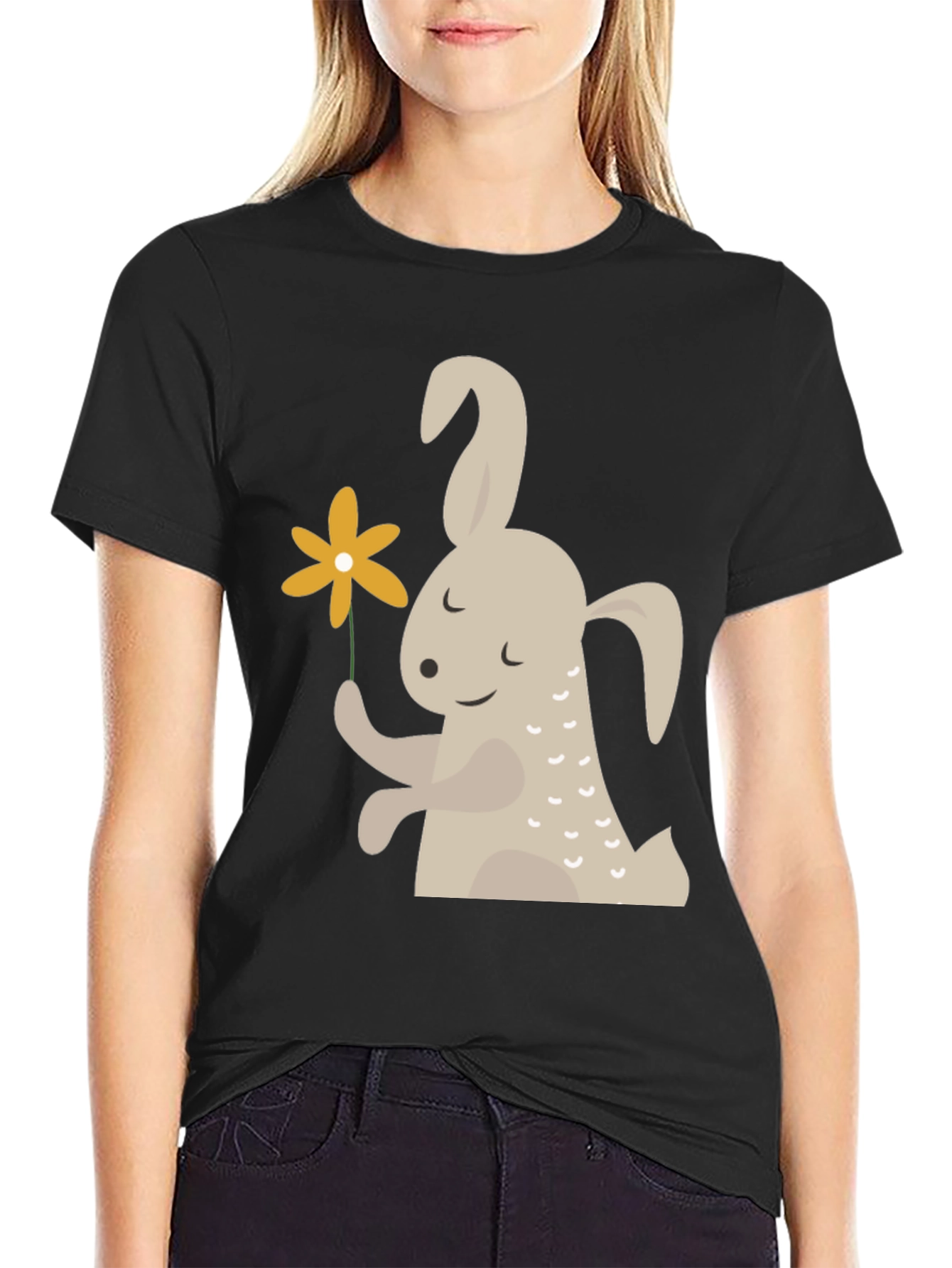 Cute Bunny Holding Flower Graphic T-Shirt