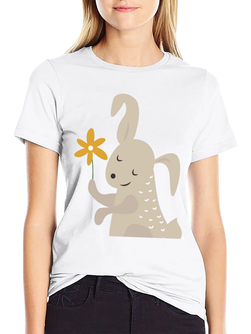 Cute Bunny Holding Flower Graphic T-Shirt