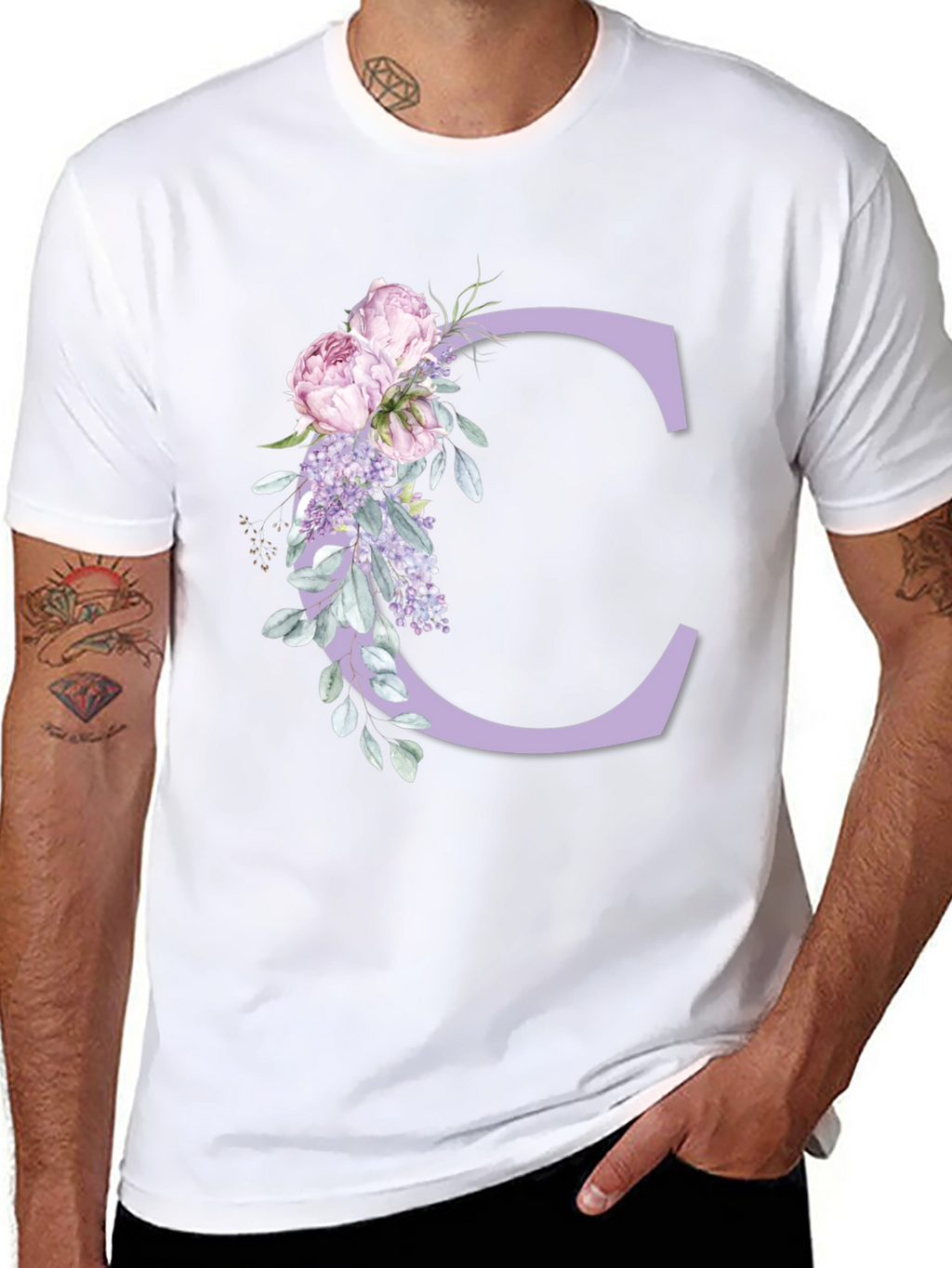 Floral Letter C Black T-Shirt