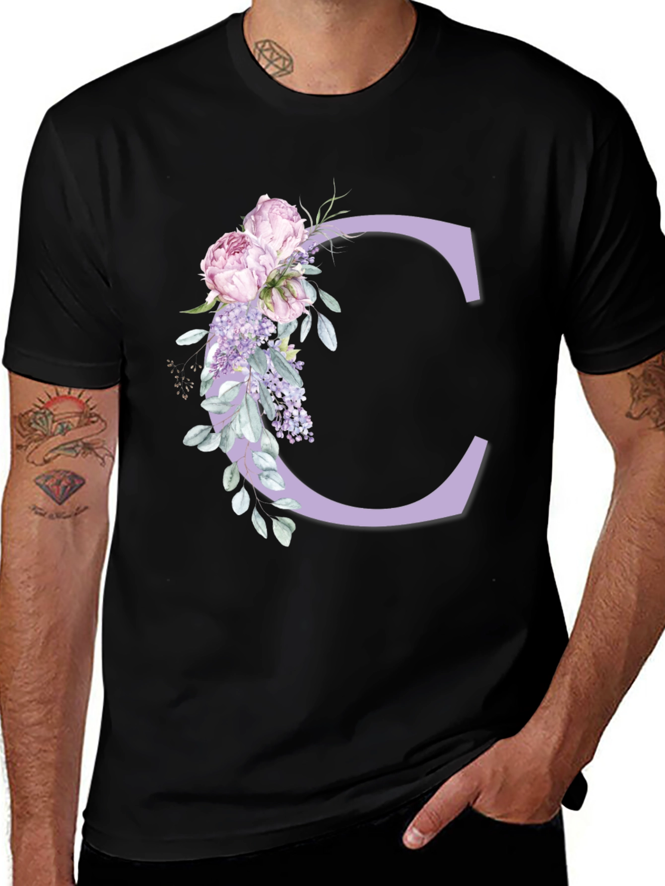 Floral Letter C Black T-Shirt