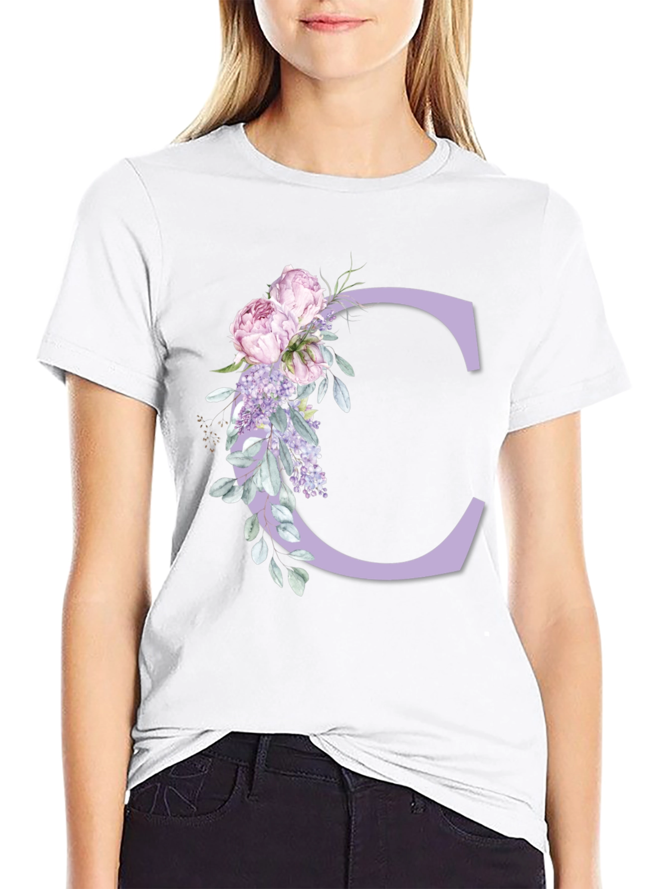 Floral Letter C Black T-Shirt