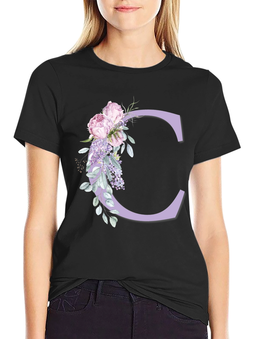 Floral Letter C Black T-Shirt