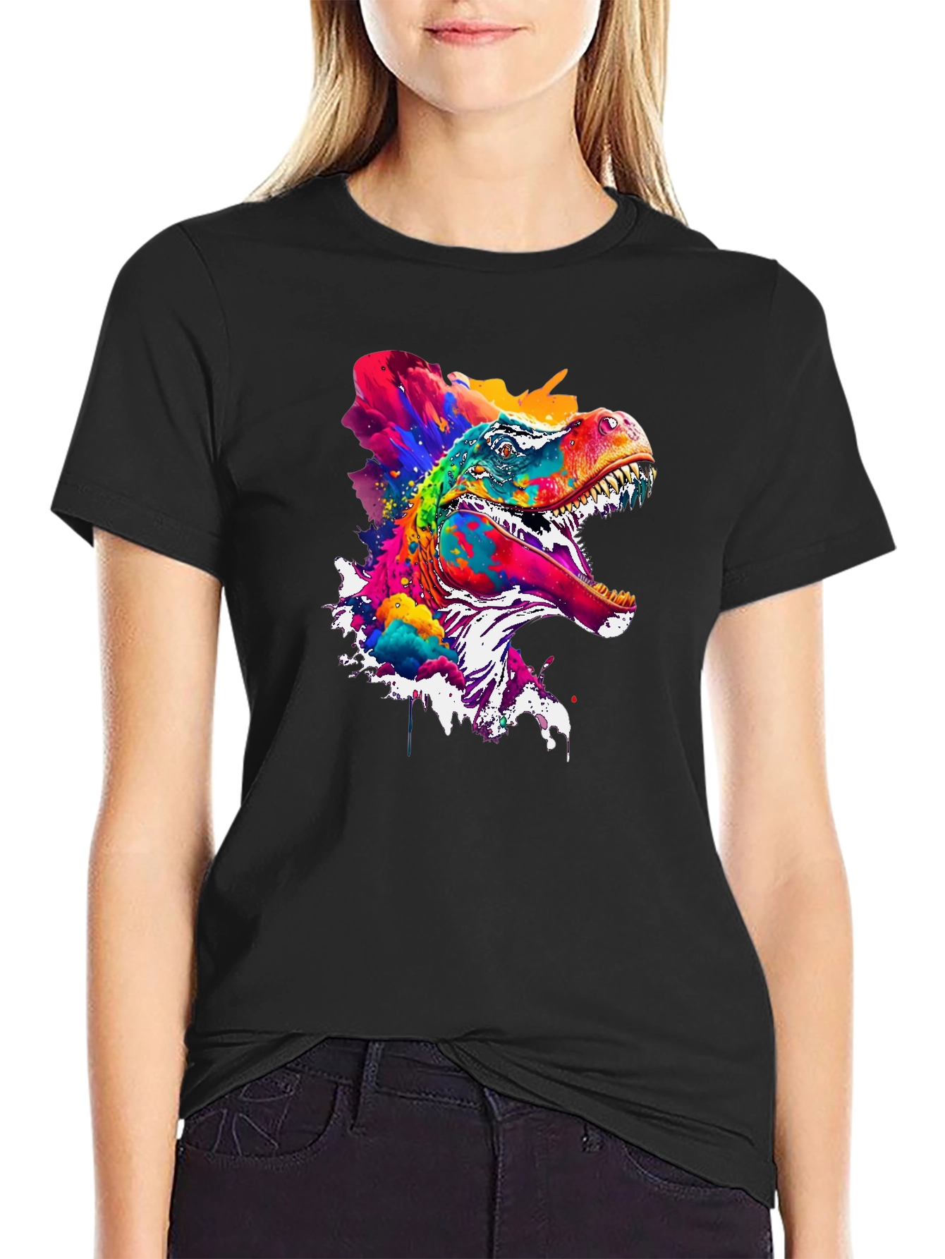 Colorful Dinosaur Graphic Print Black T-Shirt
