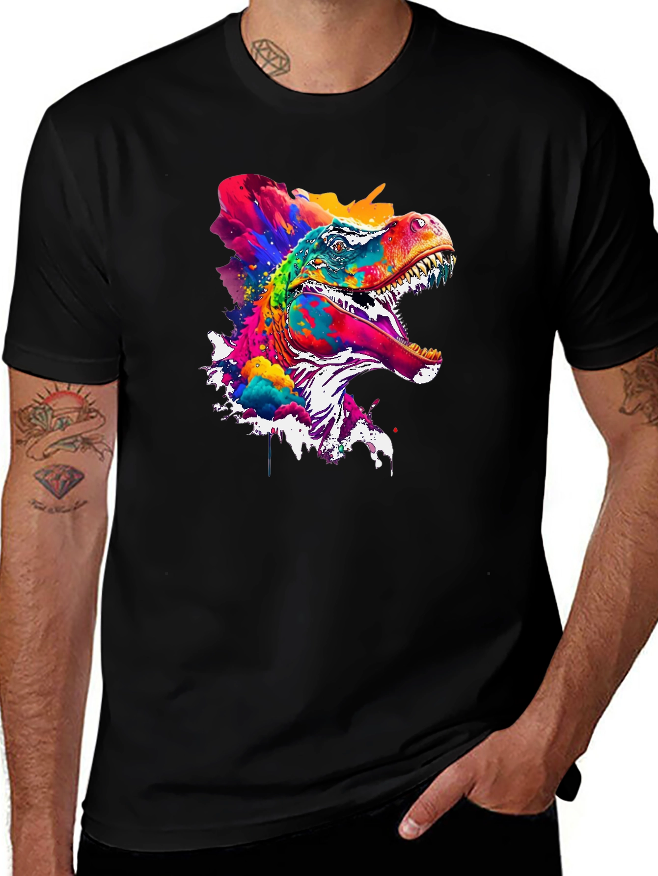 Colorful Dinosaur Graphic Print Black T-Shirt