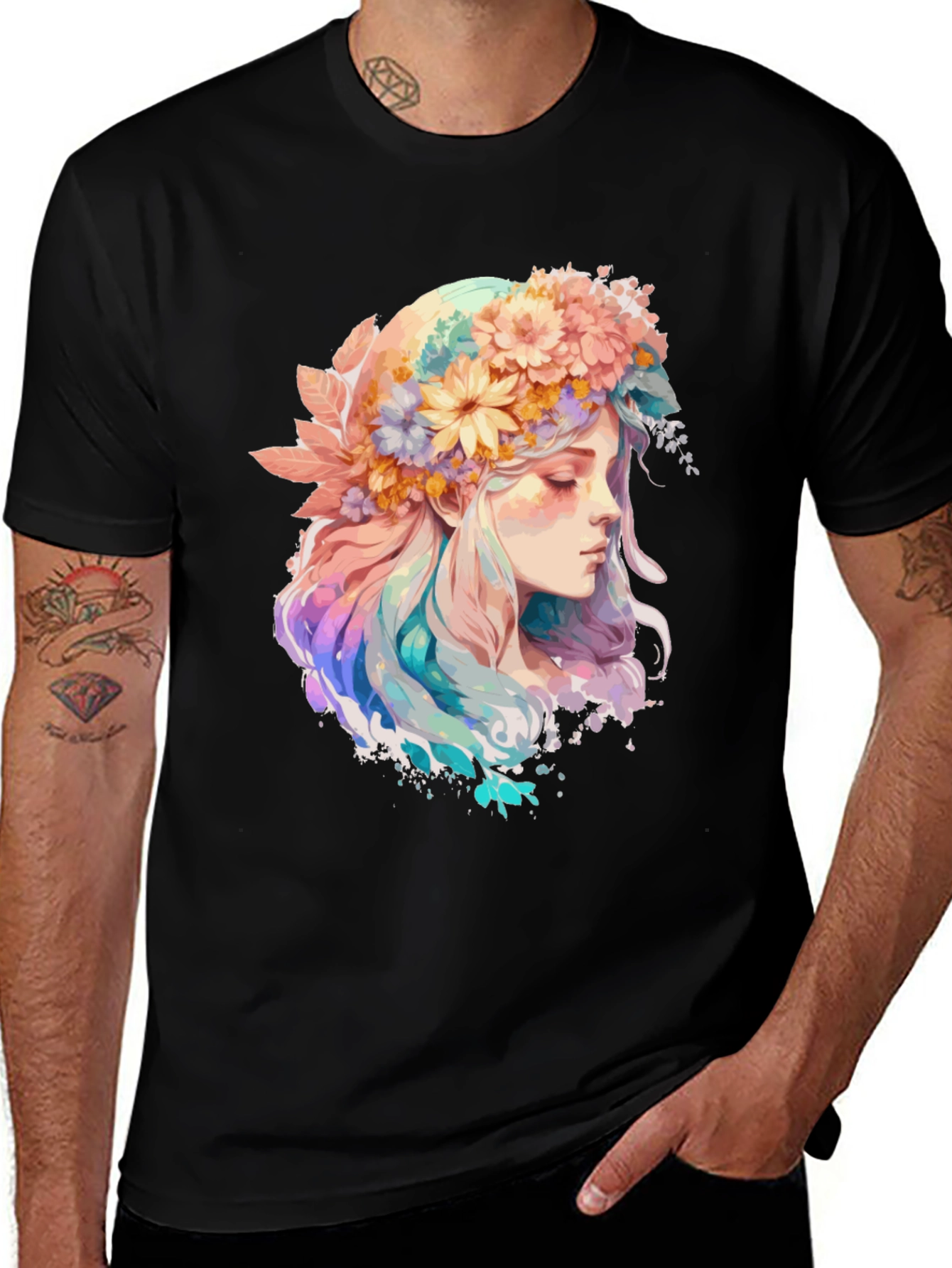 Floral Crown Girl Graphic Tee - Black Cotton Shirt