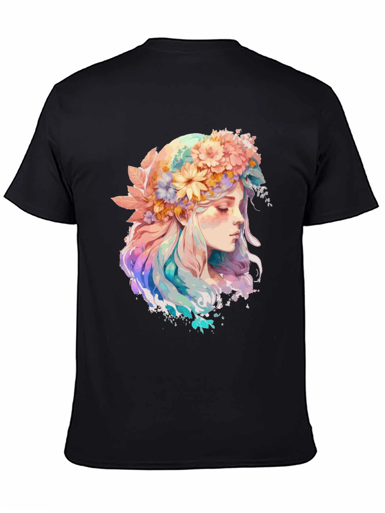 Floral Crown Girl Graphic Tee - Black Cotton Shirt