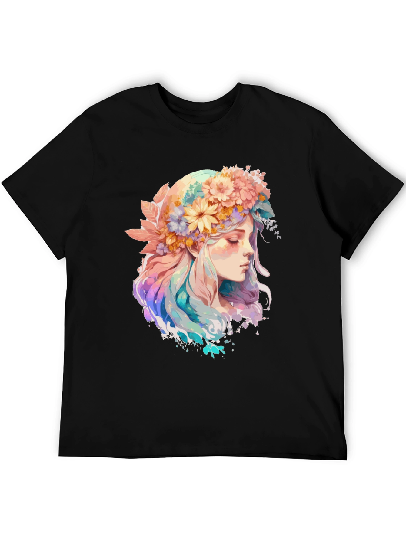 Floral Crown Girl Graphic Tee - Black Cotton Shirt