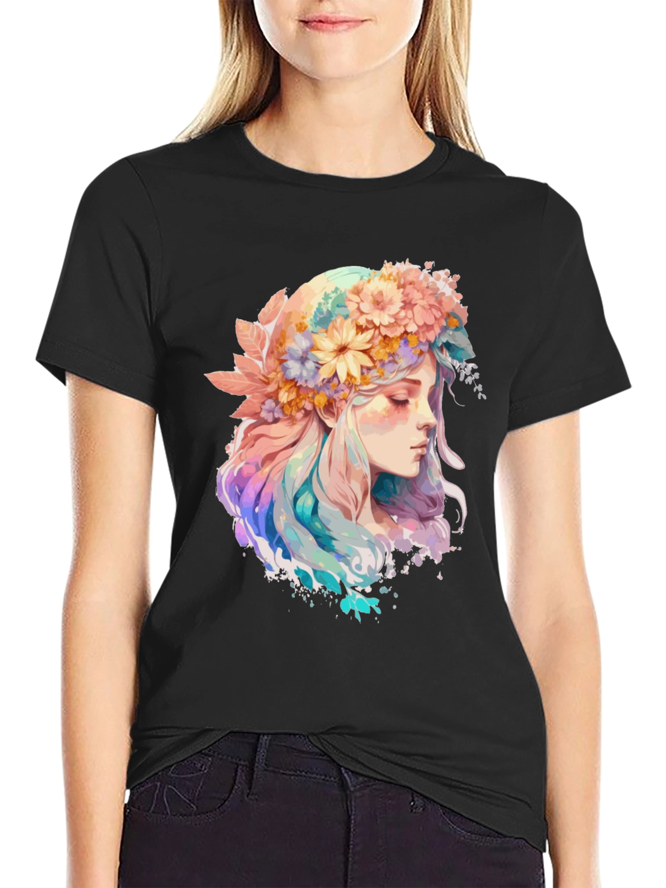 Floral Crown Girl Graphic Tee - Black Cotton Shirt