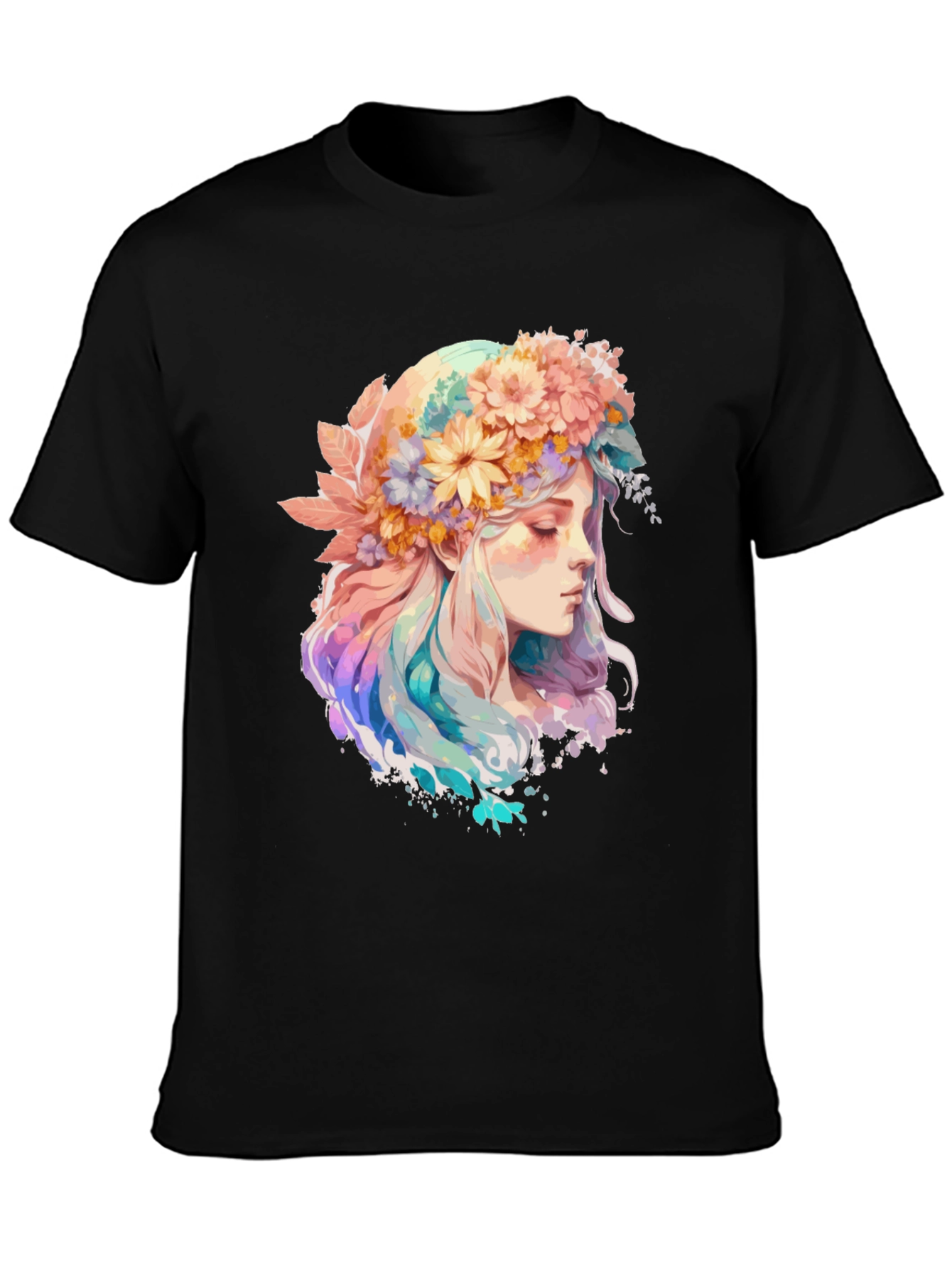 Floral Crown Girl Graphic Tee - Black Cotton Shirt