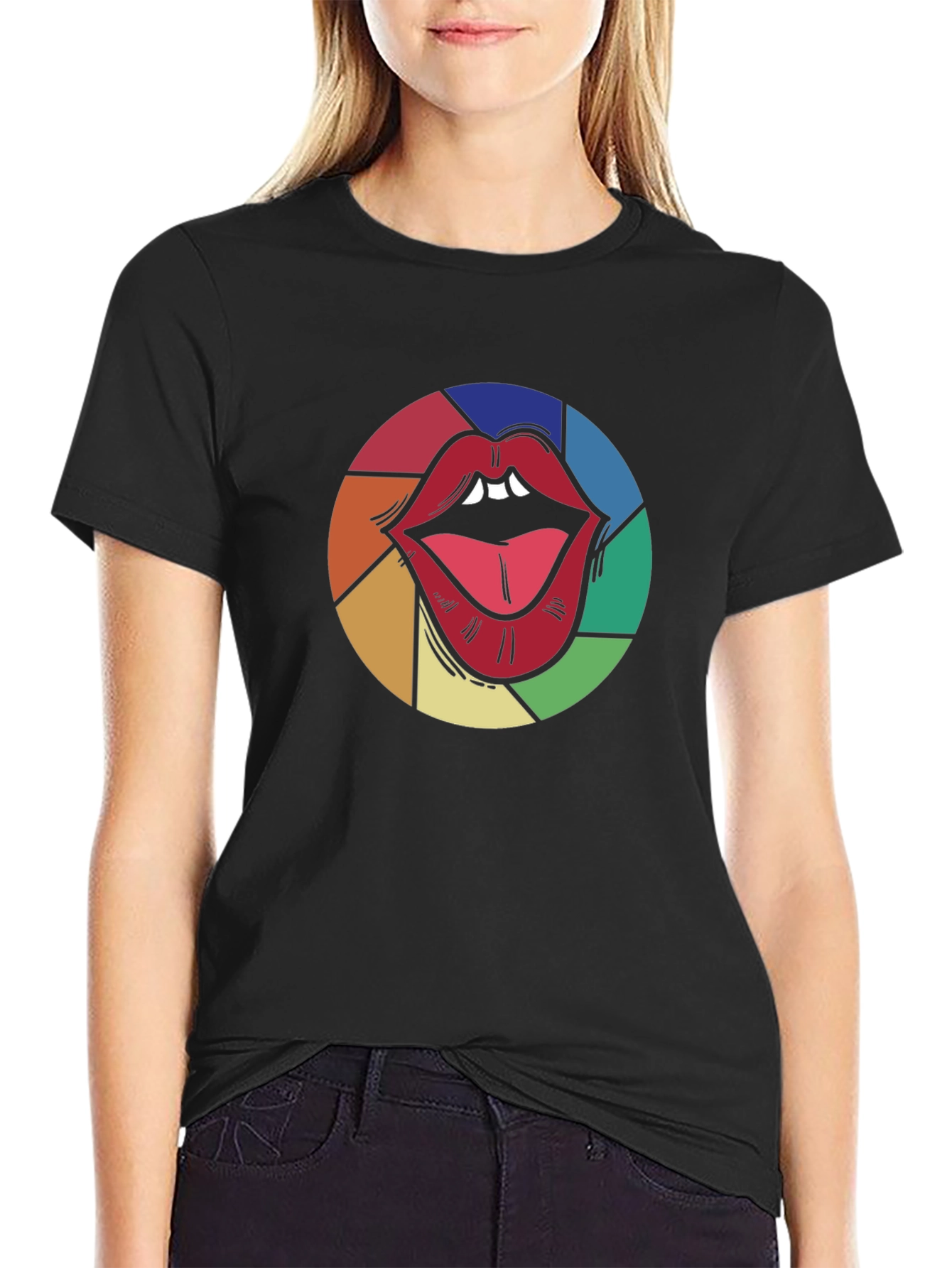 Colorful Lips Graphic Black T-Shirt