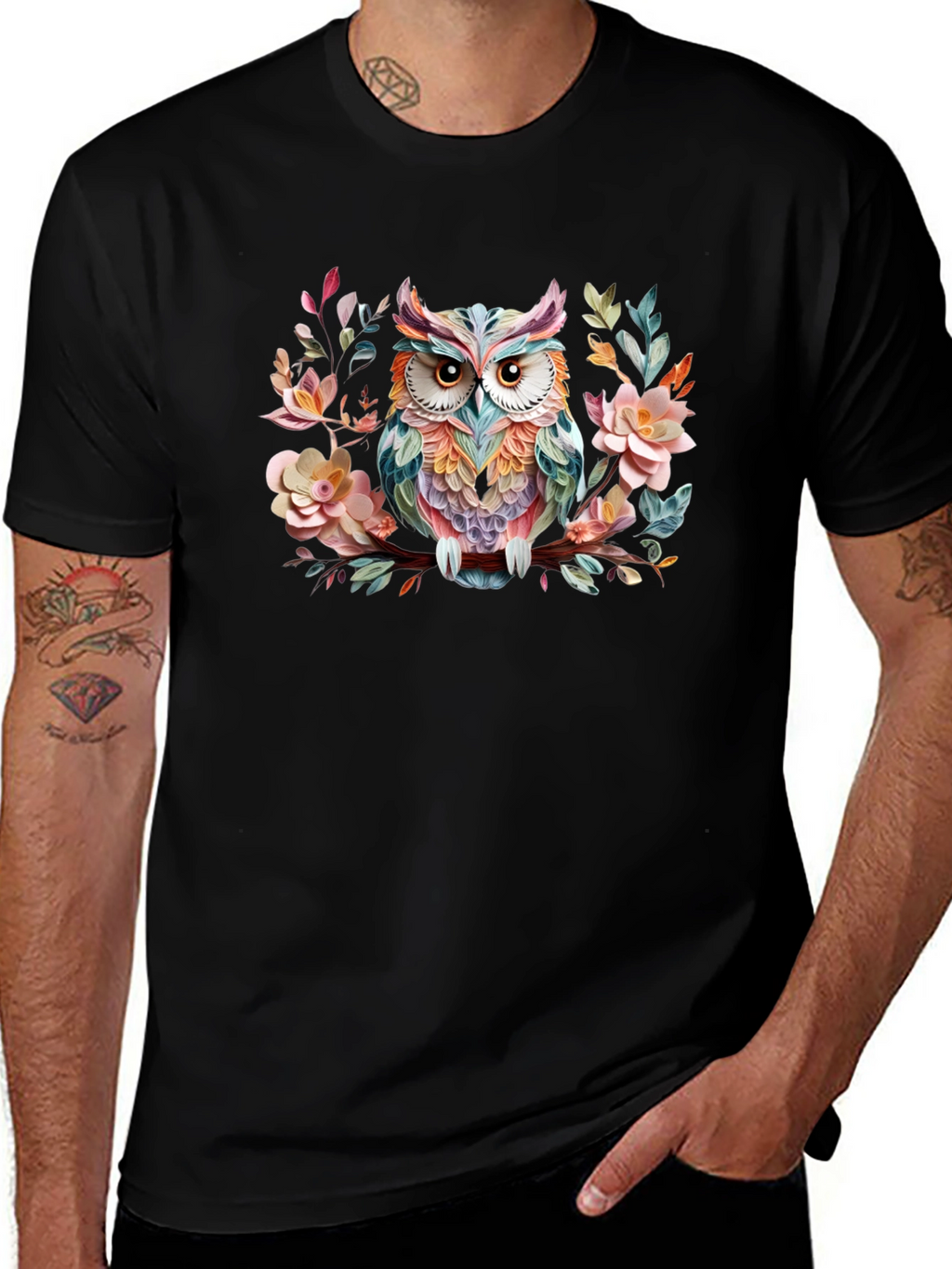 Floral Owl Graphic Black T-Shirt
