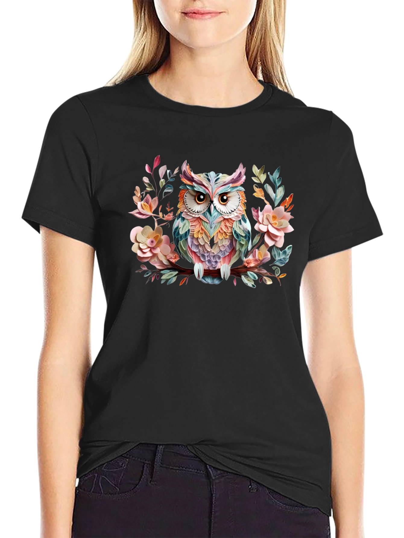 Floral Owl Graphic Black T-Shirt