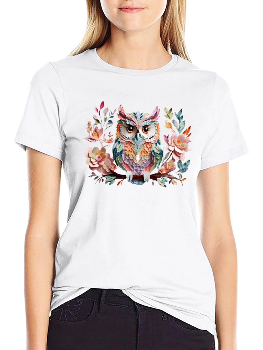 Floral Owl Graphic Black T-Shirt
