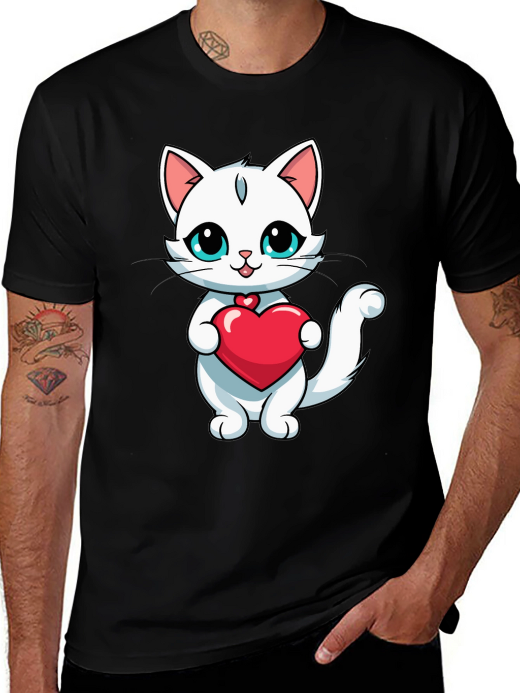 Cute Cat Heart T-Shirt - Black