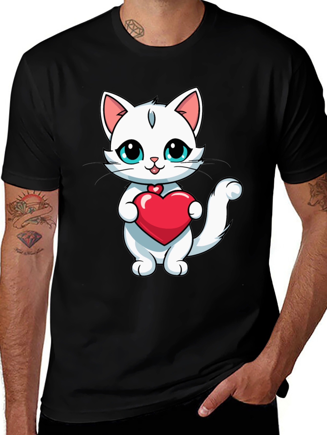 Cute Cat Heart T-Shirt - Black