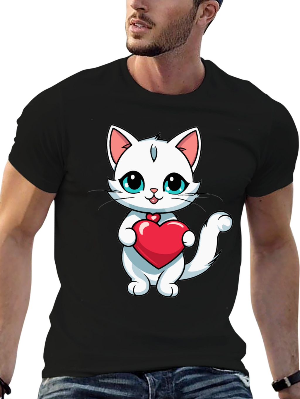 Cute Cat Heart T-Shirt - Black