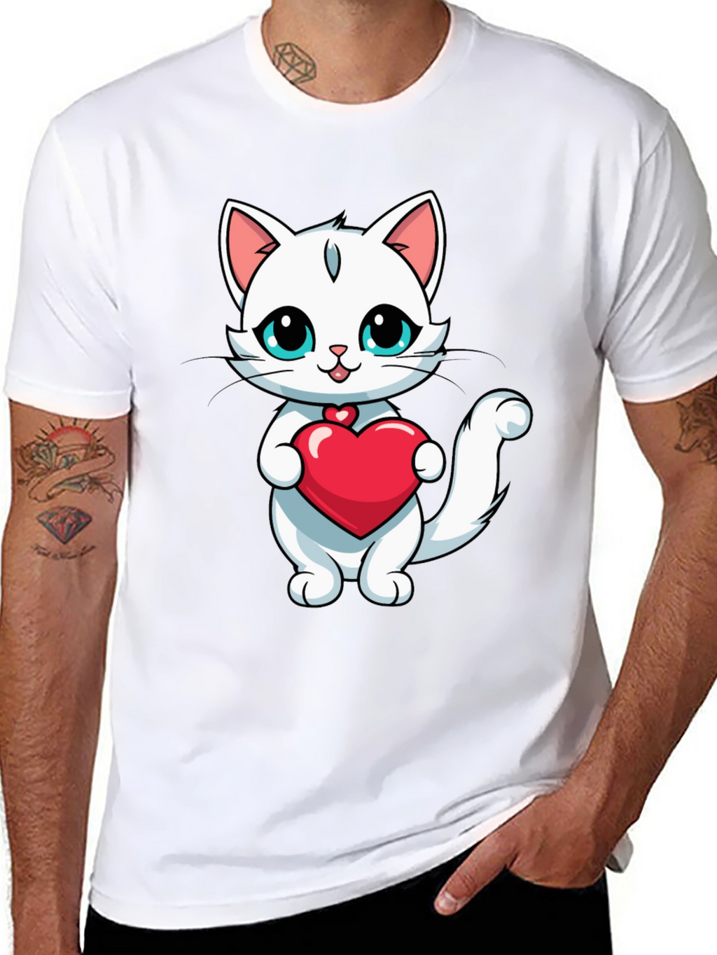 Cute Cat Heart T-Shirt - Black