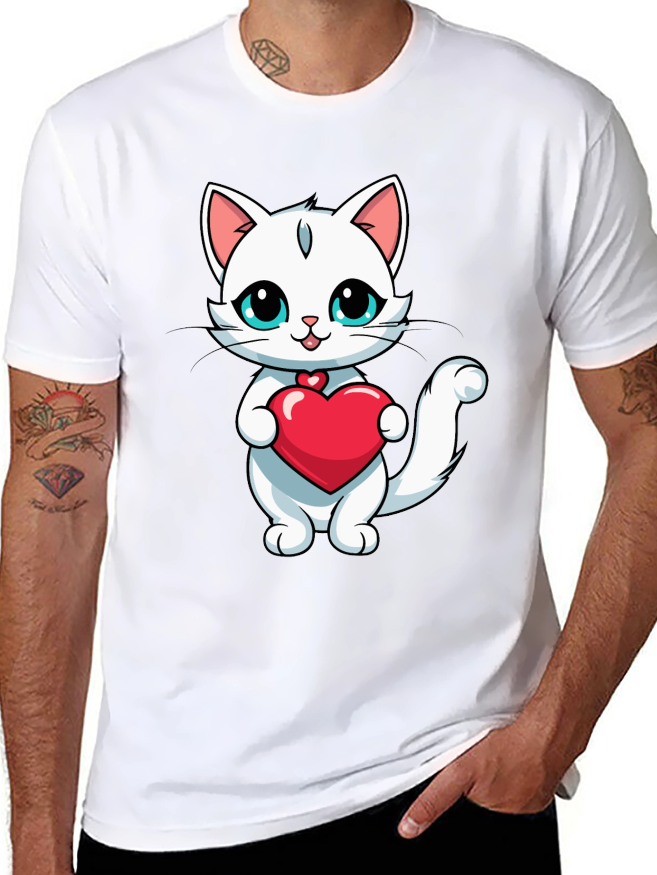 Cute Cat Heart T-Shirt - Black