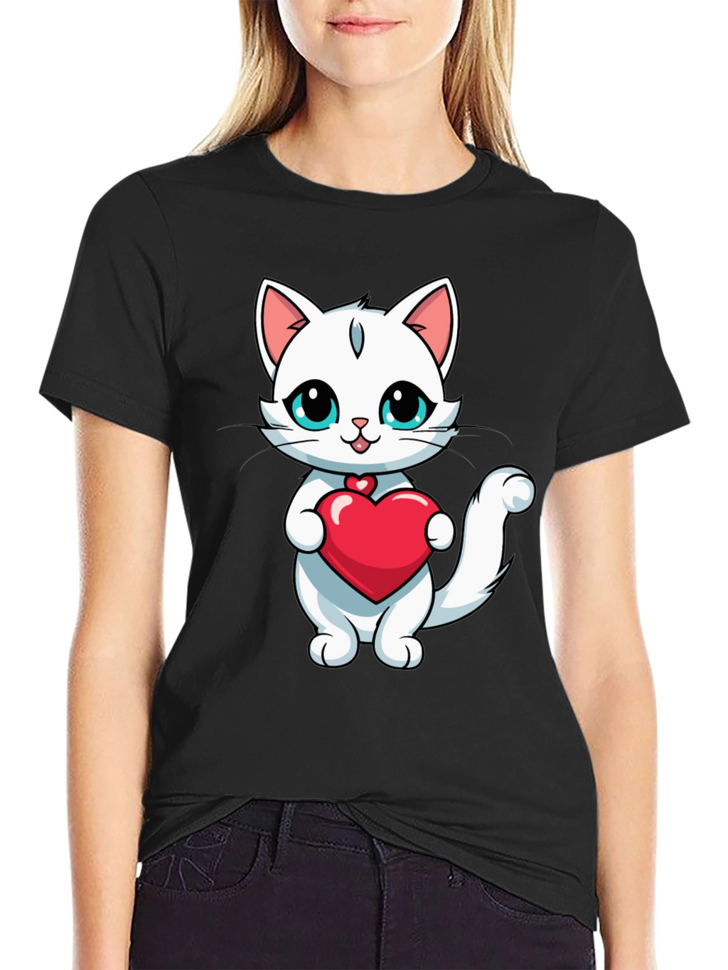 Cute Cat Heart T-Shirt - Black