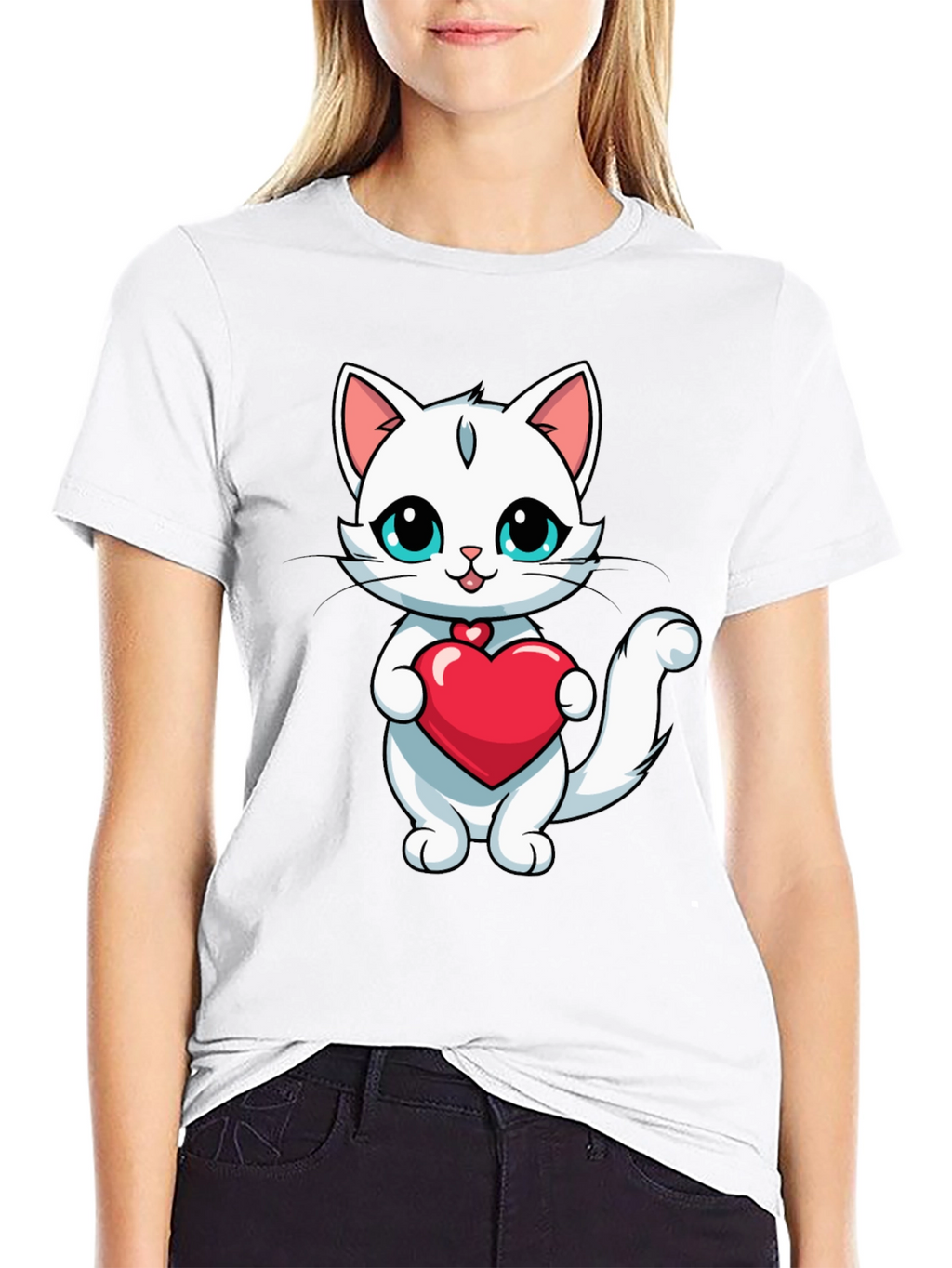 Cute Cat Heart T-Shirt - Black