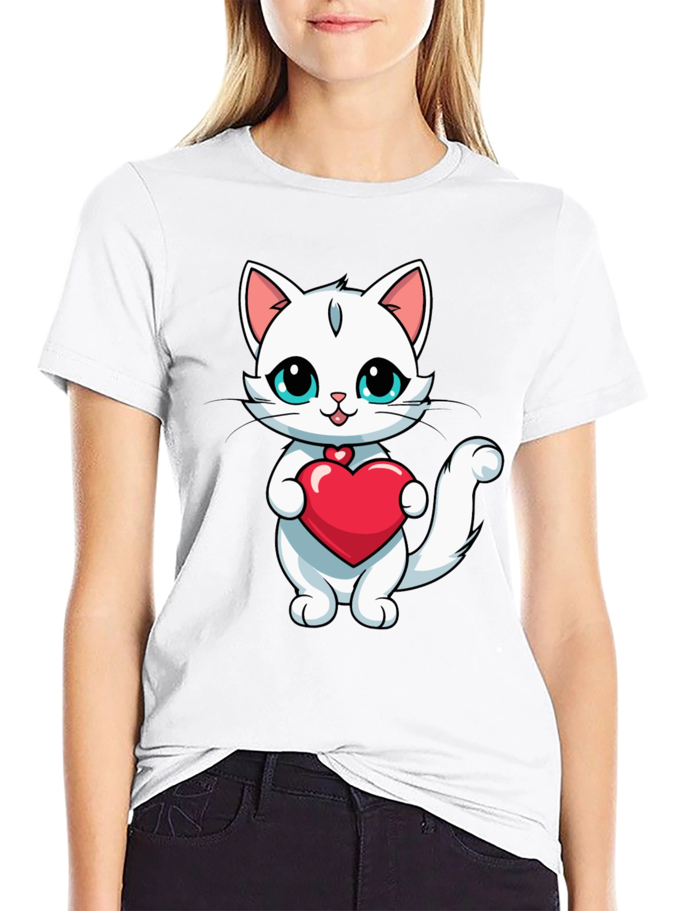 Cute Cat Heart T-Shirt - Black