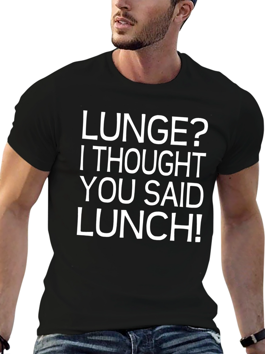 Funny Workout T-Shirt - Lunge? Lunch! Black Tee