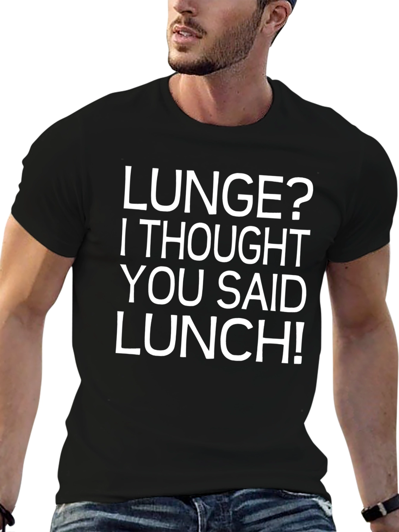 Funny Workout T-Shirt - Lunge? Lunch! Black Tee