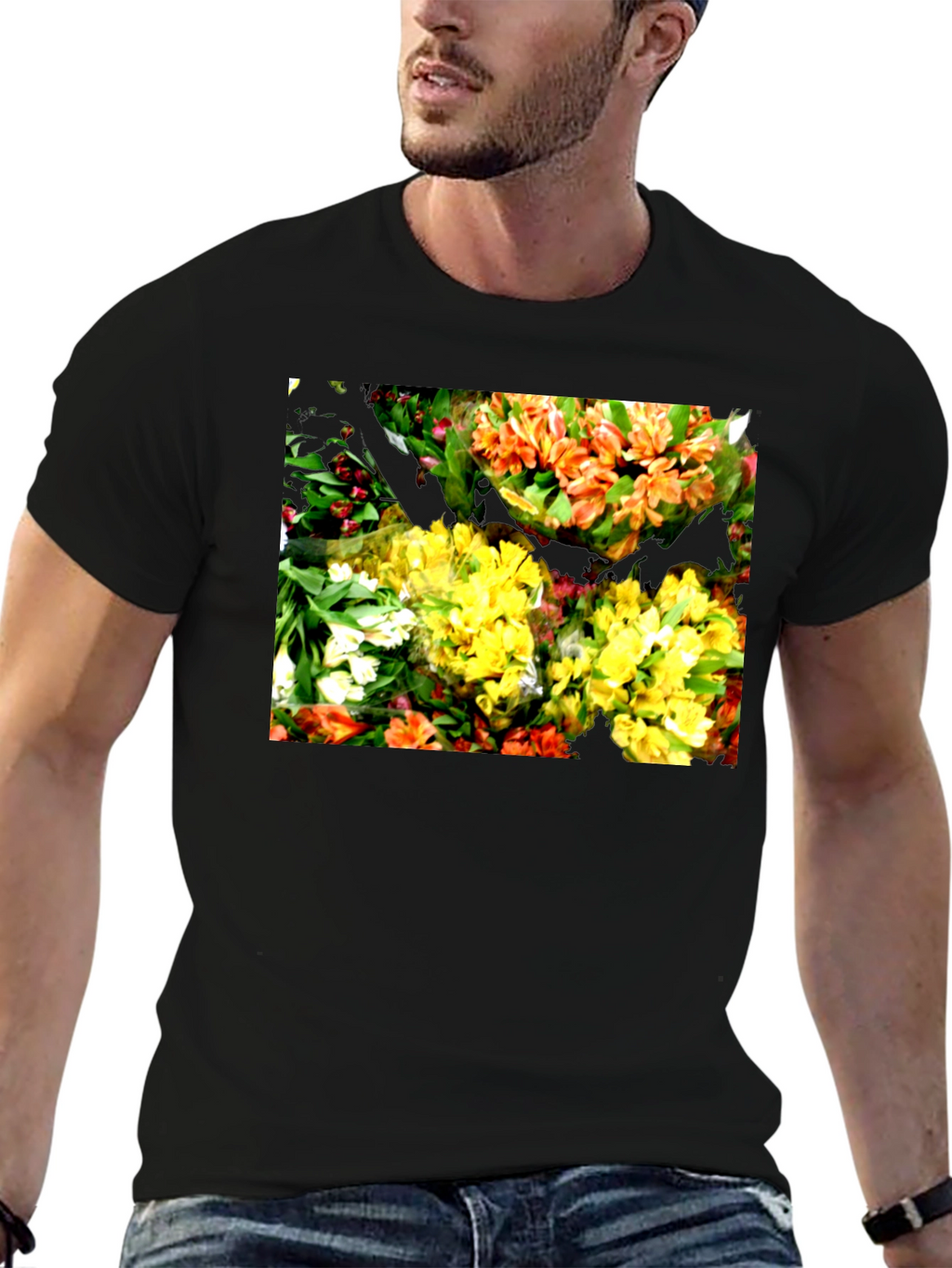 Floral Graphic Black T-Shirt - Vibrant Bouquet Design