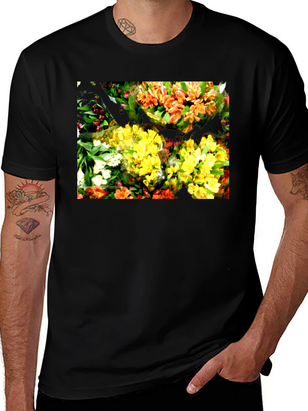 Floral Graphic Black T-Shirt - Vibrant Bouquet Design