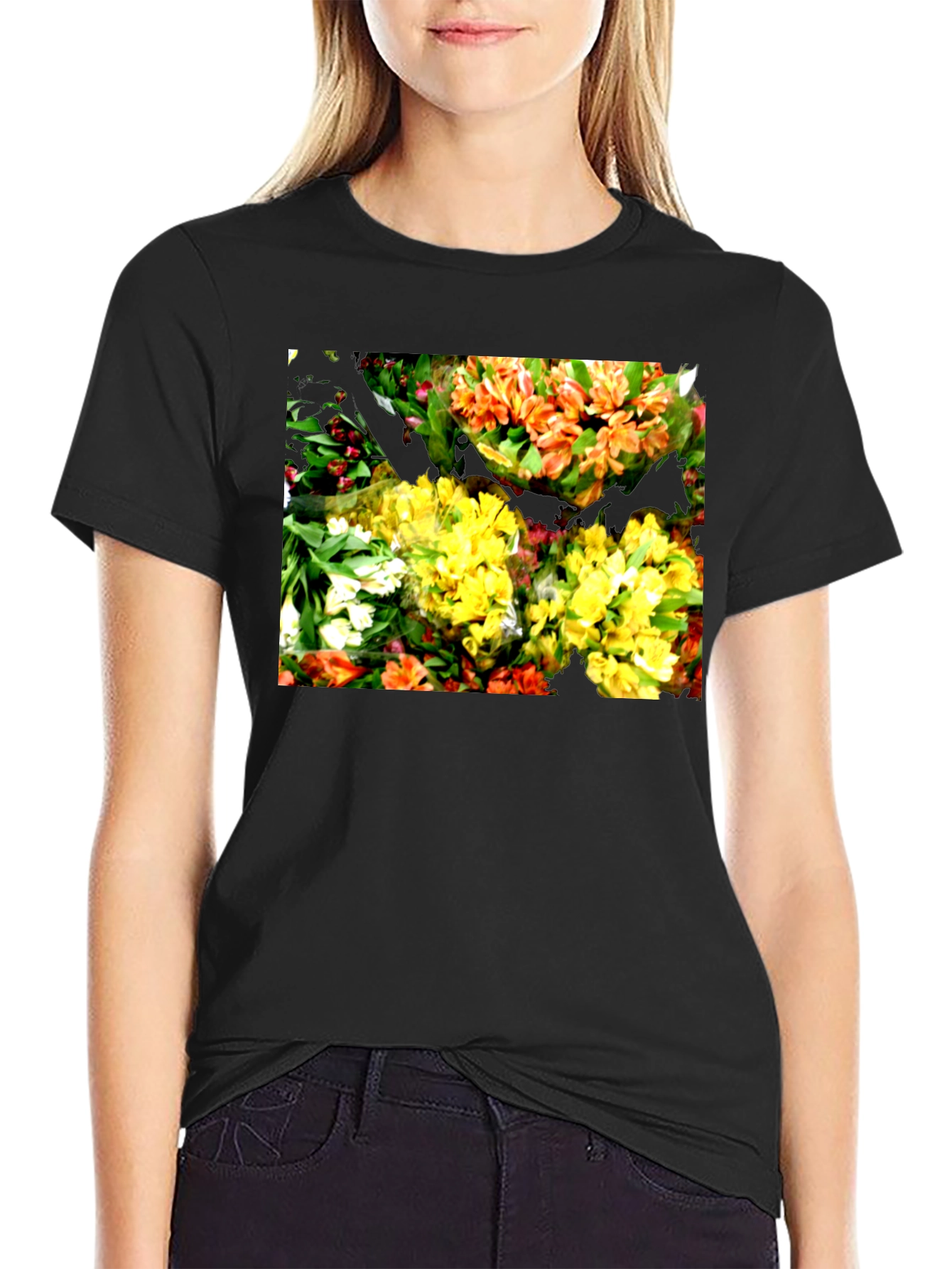 Floral Graphic Black T-Shirt - Vibrant Bouquet Design