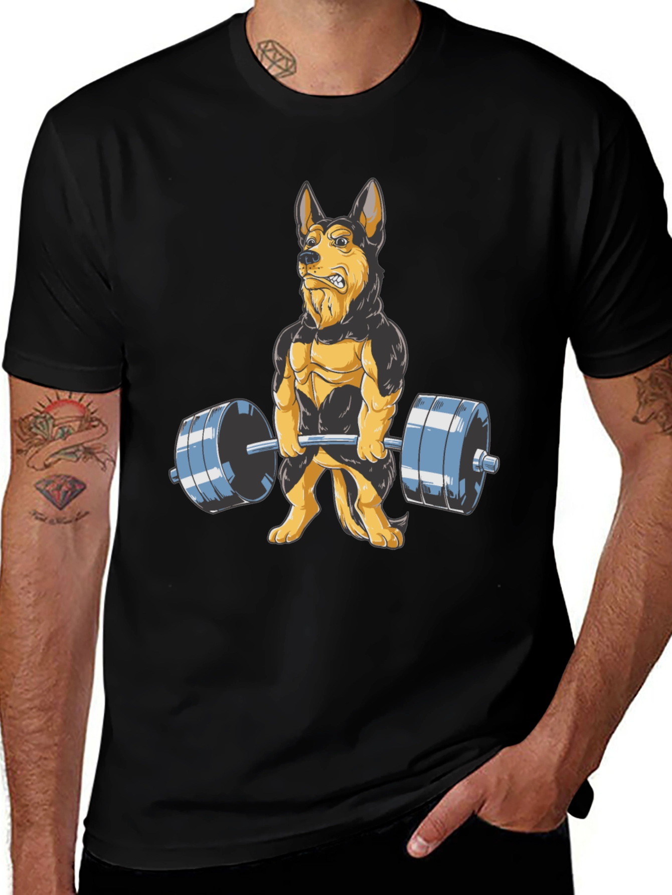 Dog Lifting Weights Graphic Tee - Black