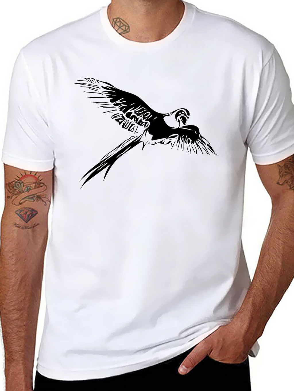 Black Parrot Print Tee - Stylish Mens Casual Shirt